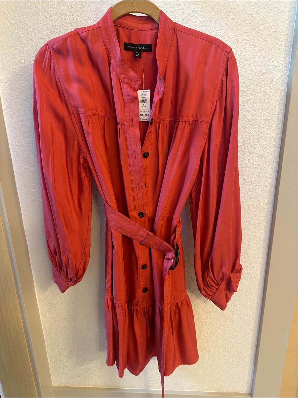 Banana Republic Coral-Red Long Sleeve Button Dress with Tie Waist